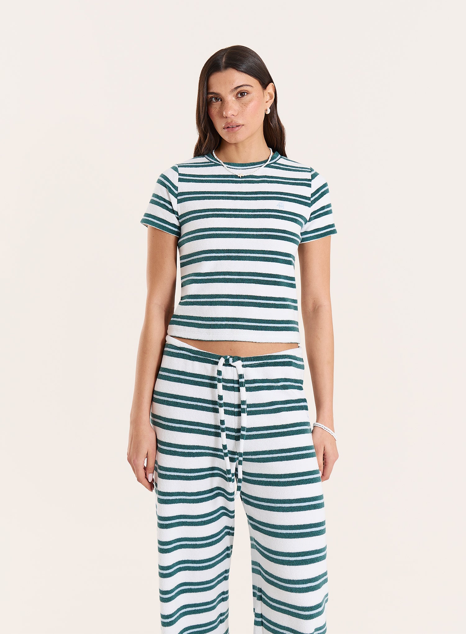 Green And White Stripe Towelling Short Sleeve Top